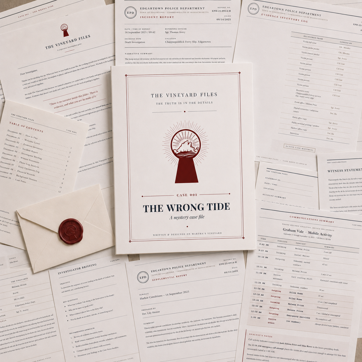 Suspect dossiers and harbor map from The Wrong Tide — Vineyard Files Case 001