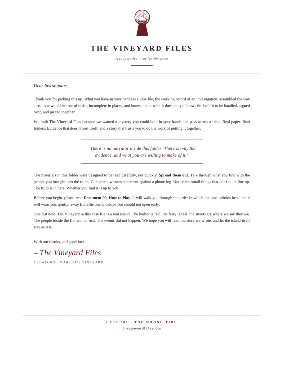 The Wrong Tide — physical mystery case file, hand-made on Martha's Vineyard