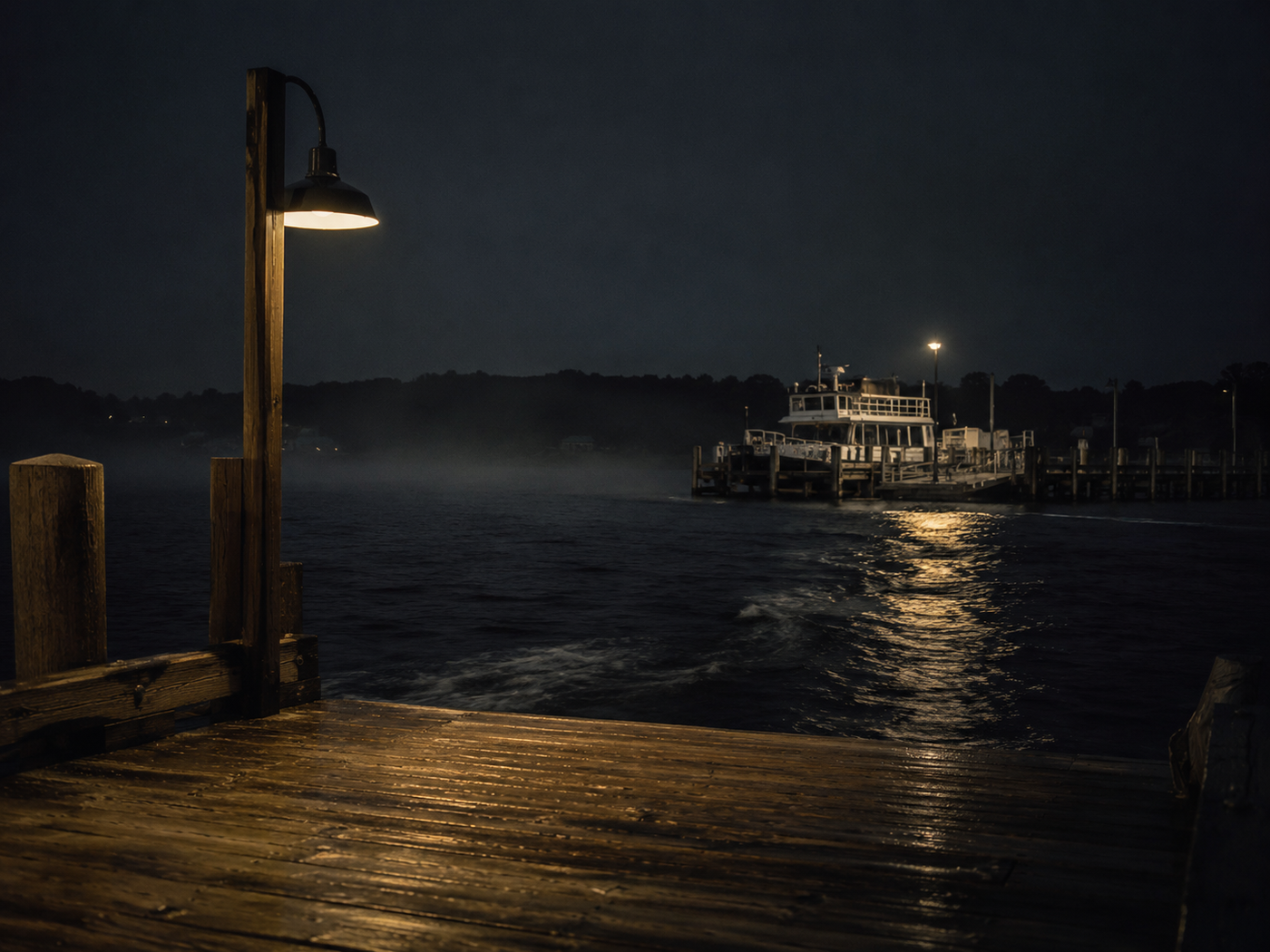 The Chappaquiddick ferry slip on Martha's Vineyard at night, the setting of Case 001, The Wrong Tide.